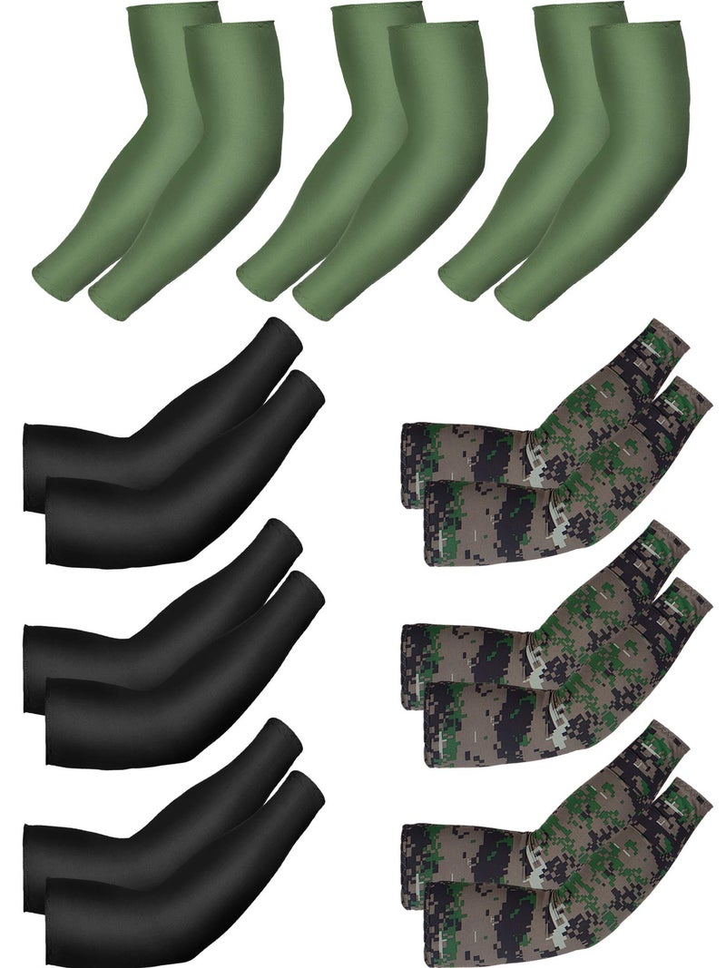 Bememo 9 Pairs Unisex UV Protection Cooling Sun Sleeves - Long Arm Ice Silk Cover (Black, Army Green, Camouflage) - Image 1